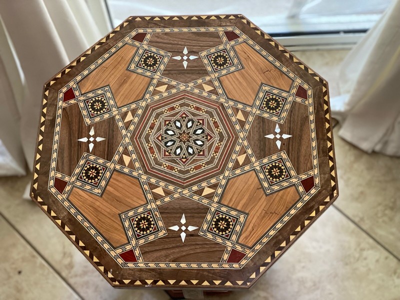 Vintage End Table Damascene marquetry Antique Wood Inlaid Mother of Pearl Décor gallery