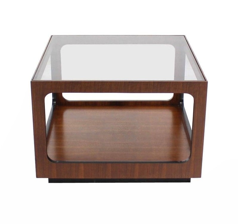 Mid Century Modern Square Cube Walnut Base Glass Top Coffee Side End Lamp Table gallery