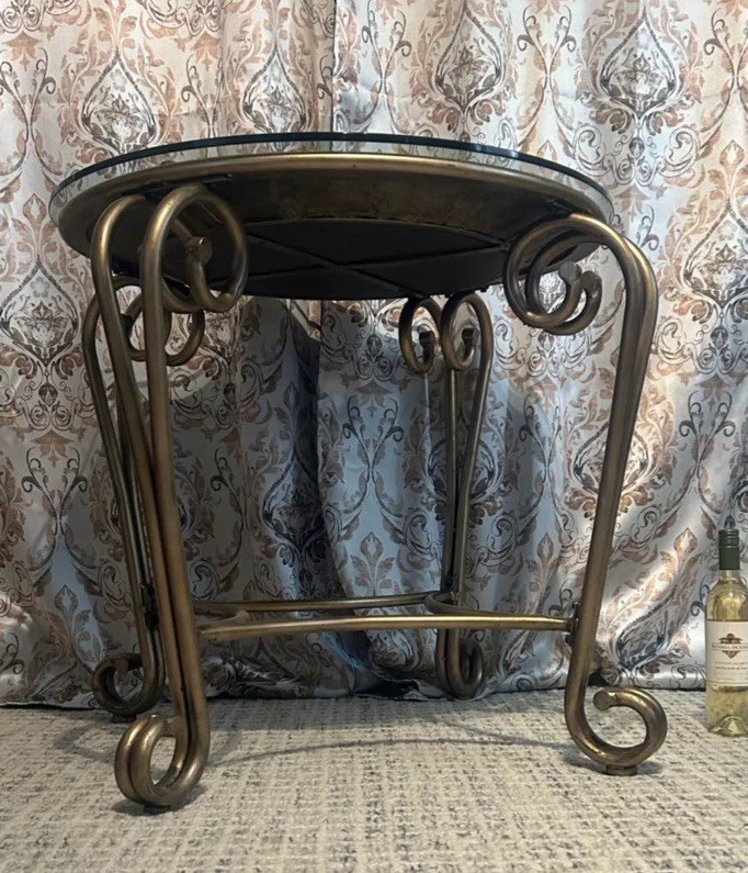 Italian Etched and Enameled Glass and Brass accent table gallery