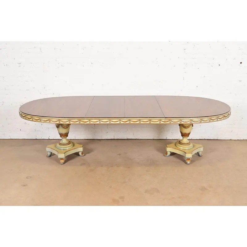 Karges Style Italian Regency Walnut Pedestal Extension Dining Table, Circa 1940s gallery