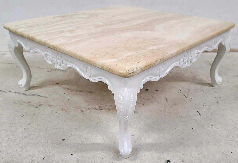 French Provincial Travertine Marble & Wood Cocktail Coffee Table gallery