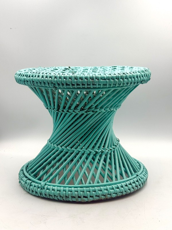 Vtg Turquoise Table Plant Stand Ottoman Stool Cane Rattan Wicker Woven Boho gallery