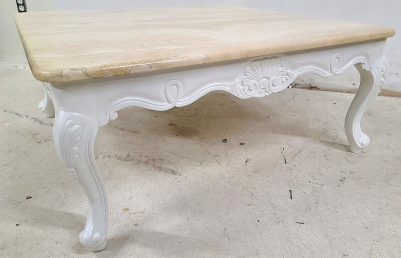 French Provincial Travertine Marble & Wood Cocktail Coffee Table gallery