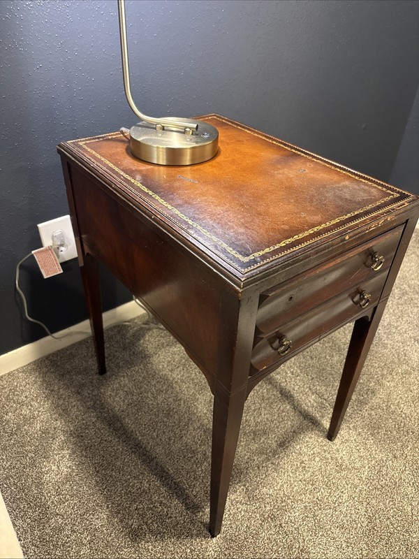 Antique Brown Wood Side Table with Leather Top, 2 Drawers & Carvings gallery