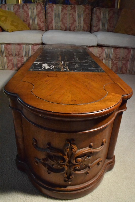 French Louis XV Victorian Style Carved Wood Marble Top Inlay Coffee Table Long gallery