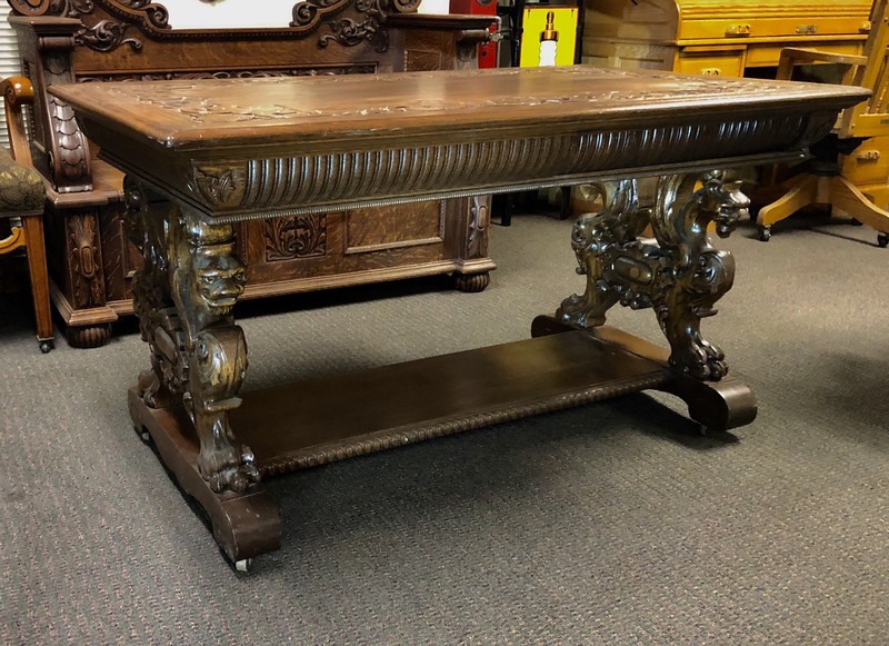 VICTORIAN HORNER GRIFFIN LIBRARY PARTNERS TABLE C.1880, QUARTER SAWN TIGER OAK