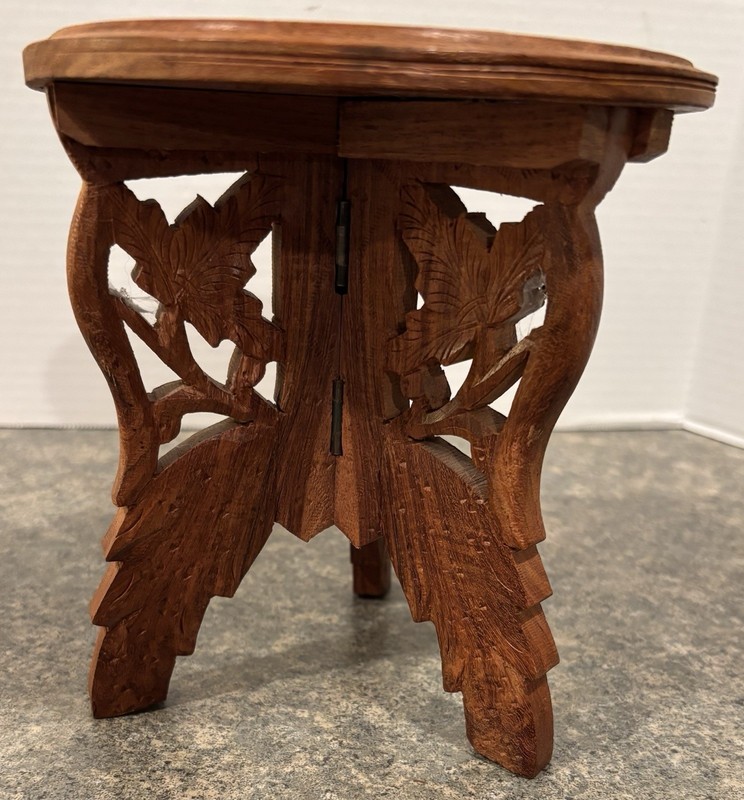 Vintage Indian Inlaid Hand Carved Wooden Boho Folding Plant Stand Table 6 1/2” gallery