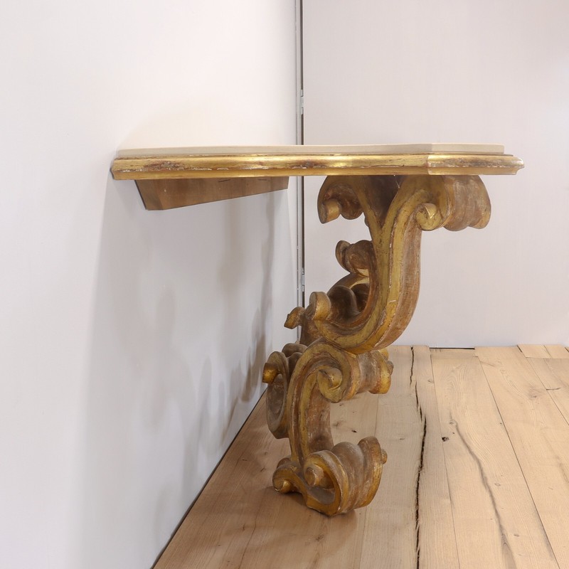 Gessoed & Gilt Rococo / Louis XV Style Demilune Console Table with Limestone gallery
