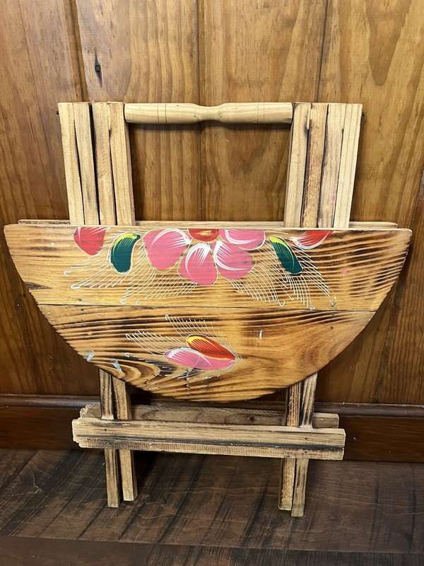 VTG Hand Painted Folding Wood Decorative Round 18" D Side Table Floral Gorgeous gallery