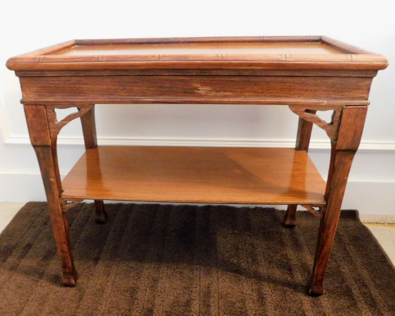 Vintage MCM Wood End Side Hall Magazine Bamboo Accent 2 TIER Table Stand Regency gallery