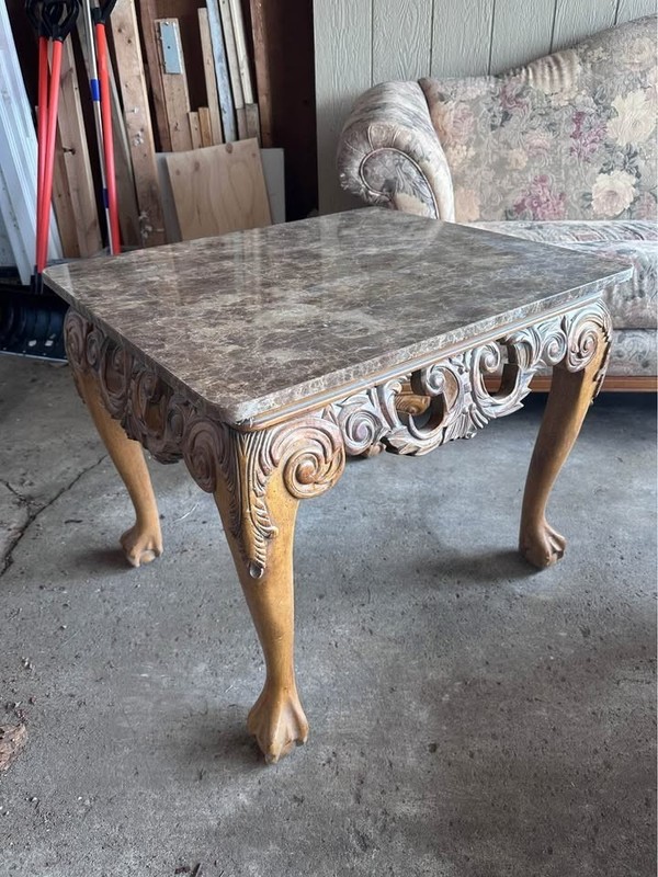 Vintage Louis XV Rococo Marble Top Side Tables Pair Carved Wood gallery