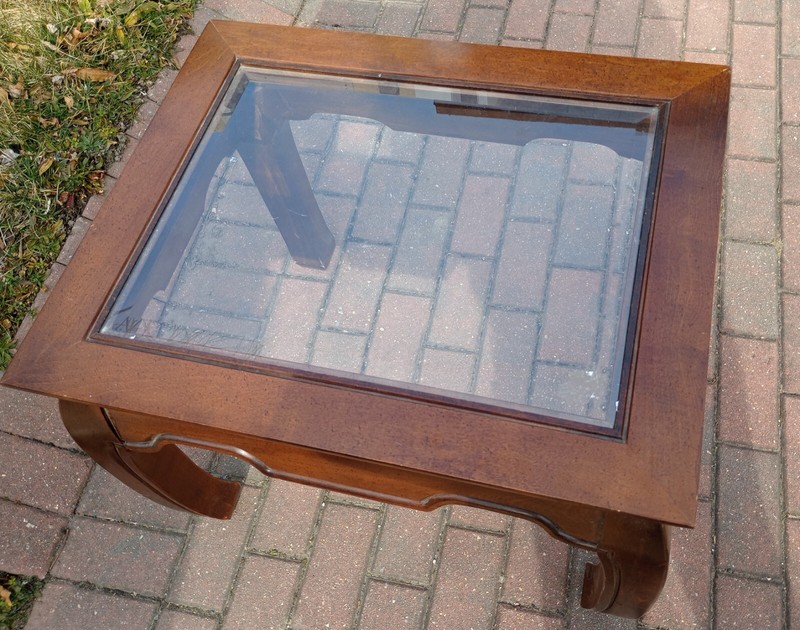 Chinoiserie Ming Asian Wood & Glass Table 1960s