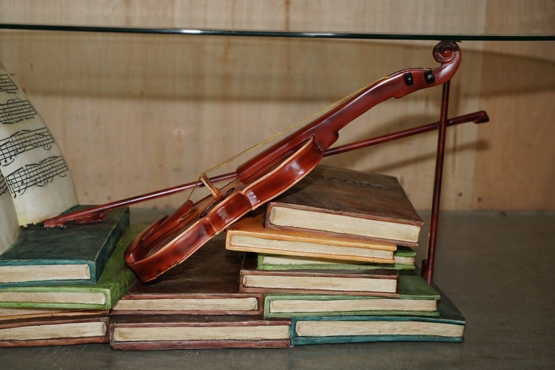 SUPER DECORATIVE MOZART STACKED BOOKS & VIOLIN COFFEE TABLE WITH GLASS OVAL TOP gallery