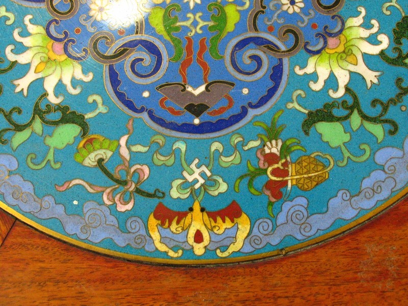 Vintage MCM Chinese Round Cloisonne Stool/Side Table Mahogany Carved Wood gallery