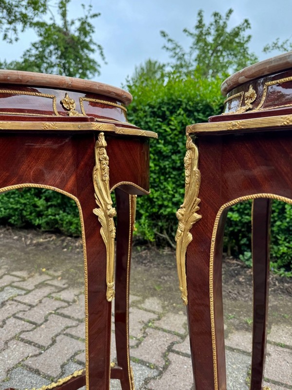 Side Tables French Louis XVI Early 20th C Mahogany Bronze Pink Marble Pair gallery