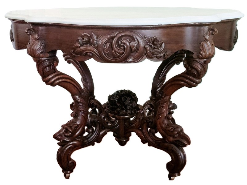 Center TABLE, John Henry Belter, NYC, Rosalie, 4-Animals, Rosewood, Marble, 42"L gallery