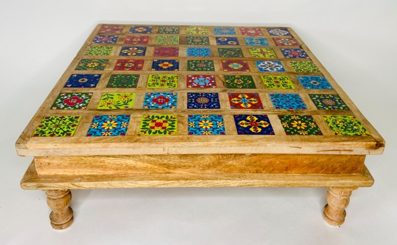 Vintage Handmade Monterey Style Top Table Riser 36 Colored Tiles Folk Art 18×18