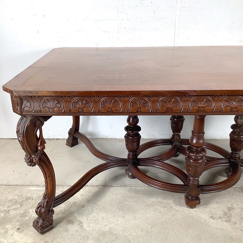 72” Carved Renaissance Revival Dining Table – Scroll Legs & Stretcher gallery