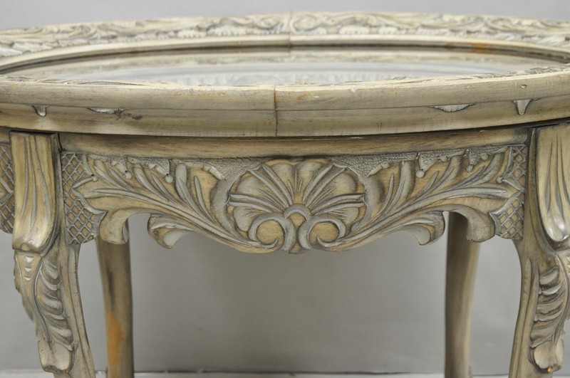 Vintage French Renaissance Walnut Gray Distress Painted Cherub Coffee Table gallery