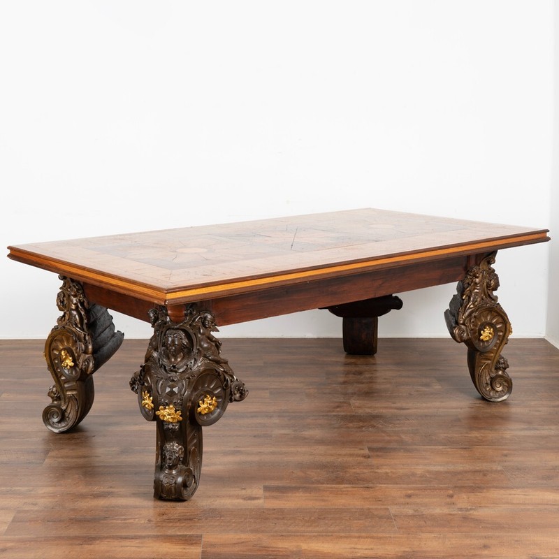 Antique Entryway Table With Inlaid Top and Bronze Legs, Italy circa 1860-80