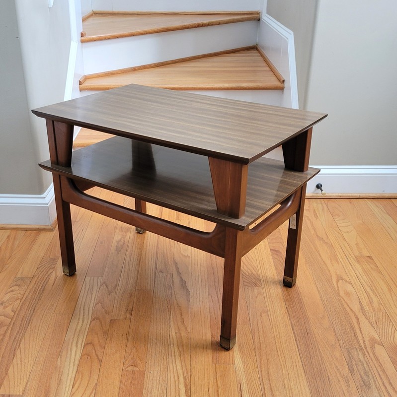 Vintage MCM Two Tiered Side/End Table Walnut Base Formica/Laminate Tops Unique! gallery