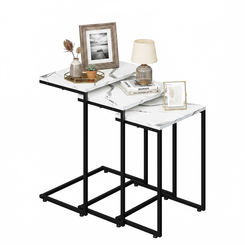 Nesting Coffee Table Side Table Set of 3 End Tables for Living Room White Marble