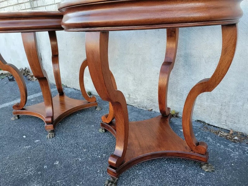 PAIR ANTIQUE ENGLISH REGENCY MAHOGANY ROUND PINK MARBLE SOFA TABLE W BRASS FEET gallery