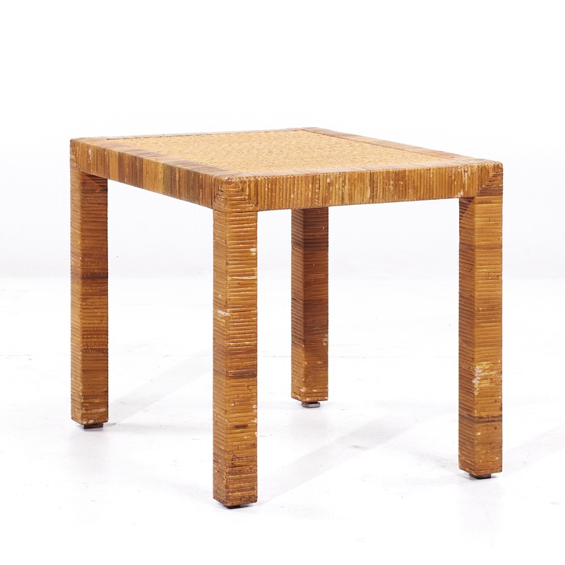 Bielecky Brothers Mid Century Rattan, Cane and Brass Side End Table