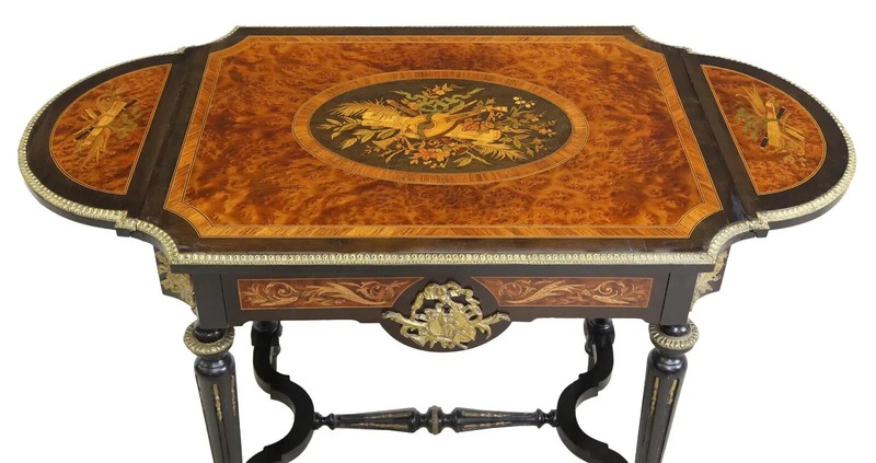 Antique Drop-Side Tables, Near Pair, French Napoleon III, Marquetry, 1800s!! gallery