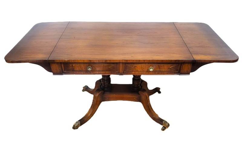 19th C ENGLISH Regency Carved & Brass Inlaid Rosewood Drop Leaf SOFA TABLE Desk gallery