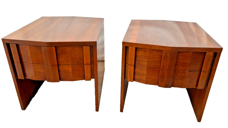 Mid Century Lane Nightstands Staccato Block Brutalist Front Walnut Side Tables gallery