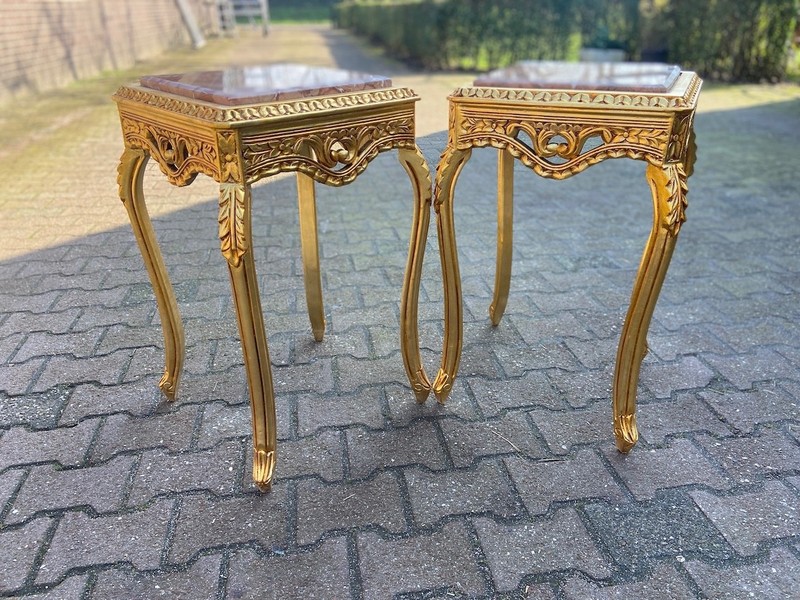 Tables French Louis XVI Gold Beech Pink Marble Side Pair Vintage 1990s gallery