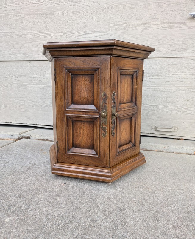Vintage Hekman Rustic Spanish Colonial Drum Storage Cabinet Hexagon Table Doors gallery