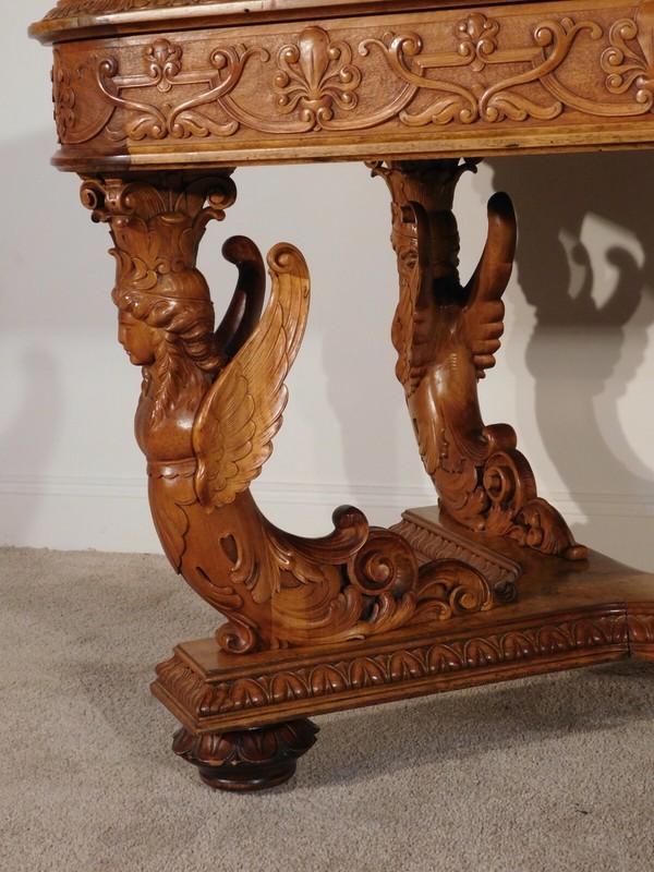 MONUMENTAL R J Horner 1870s 80s Carved Burl Walnut Library Center Entrance Table gallery