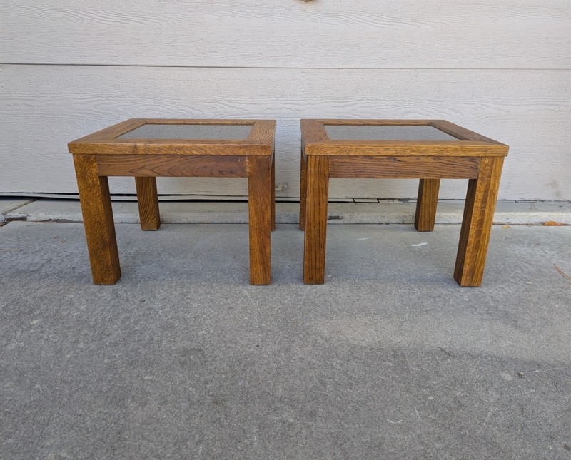 PAIR of Vintage Mid Century Modern Rustic Mission Solid Oak Wood Side Table A36 gallery