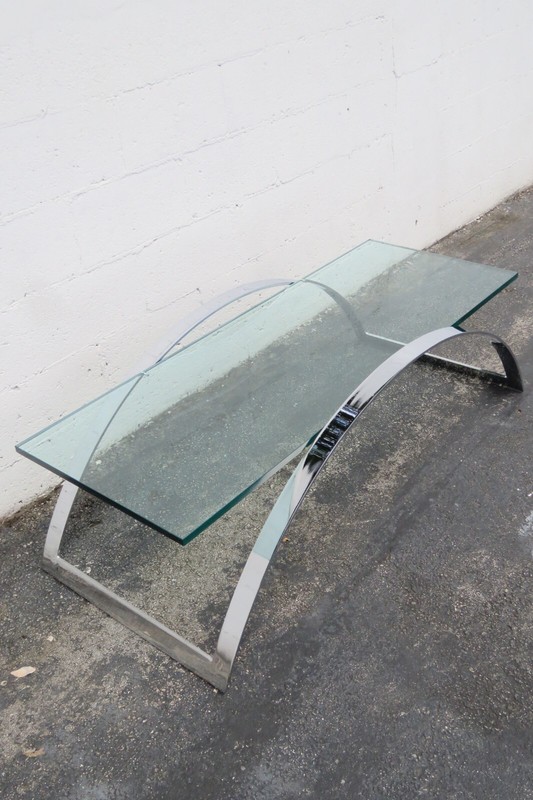 Hollywood Regency Modern Style Chrome Glass Top Long Coffee Table 3628 gallery