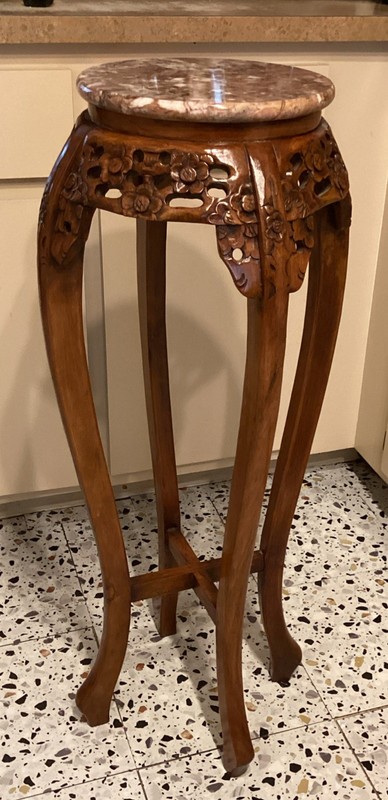 Vintage Hand Carved Rosewood Marble Top Pedesatal Table.36” Tall.