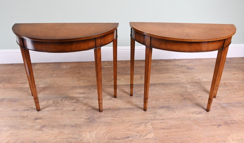 Pair Sheraton Console Tables Demi Lune Walnut Regency gallery