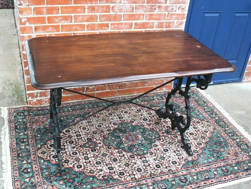 English Antique Cast Iron Base & Solid Oak Top Table / desk gallery