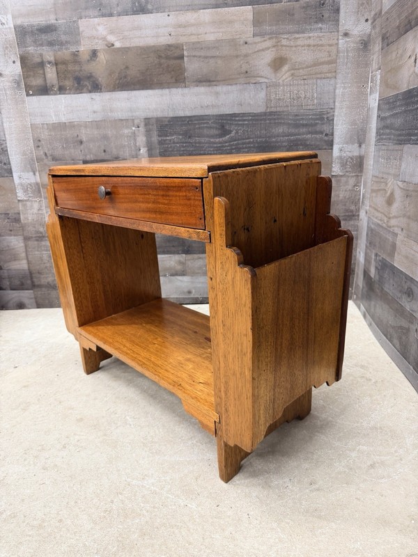 Vintage Art Deco Side Table Magazine Storage Rack Solid Wood Nightstand Drawer gallery