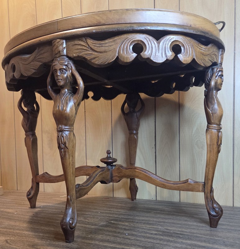 Antique French Renaissance Oval Accent Table Carved Wood Figural Maidens Glass gallery