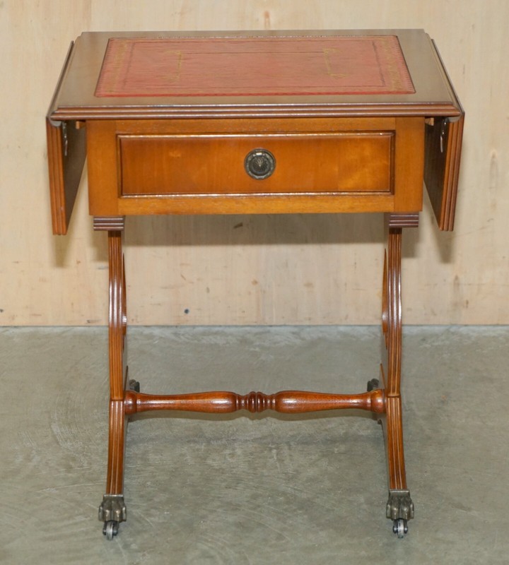 LOVELY VINTAGE OXBLOOD LEATHER EXTENDING SIDE TABLE WITH GOLD LEAF INLAY gallery