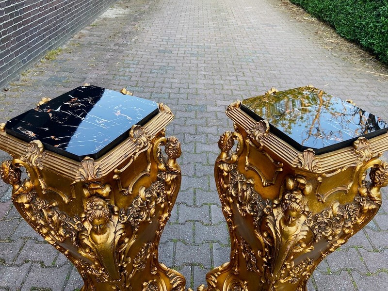 Pedestals Pair XL 43" Italian Baroque Gold Finish Marble Effect Ornate Stands gallery