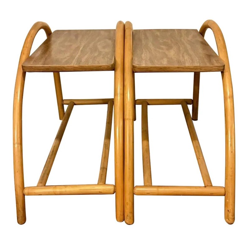 Pair of 1950s Mid Century Modern Rattan Bamboo Side End Tables Paul Frankl Style