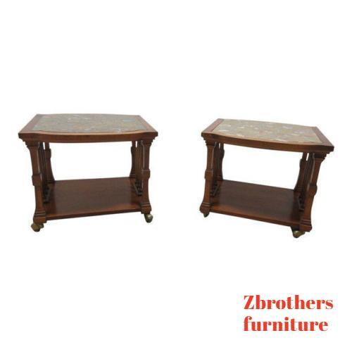 2 Vintage Mid Century Mediterranean Marble Top Lamp End table Pierce Carved