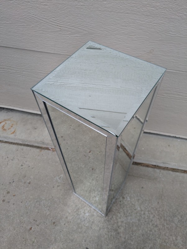 Vtg Hollywood Regency Mirrored Pedestal Plant Stand Table Beveled Glass Column gallery