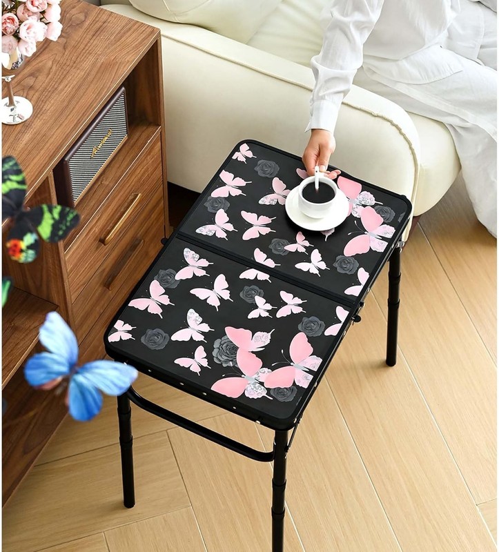 Small Camping Table, Vintage French Butterflies Pattern Folding Table, Adjust... gallery
