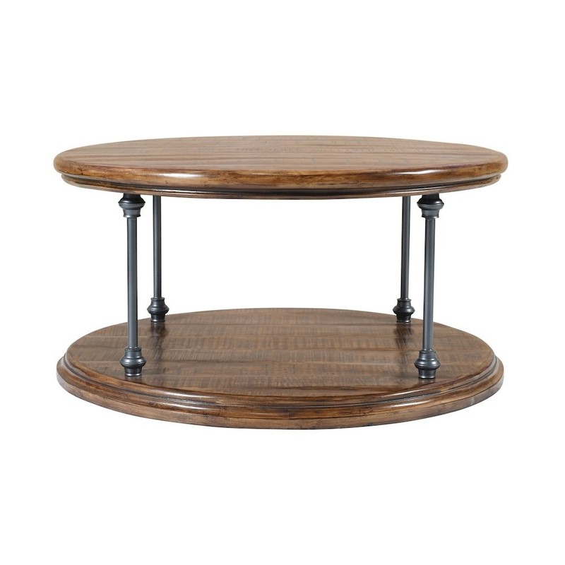 Larson Modern Industrial 36″ Round Solid Wood Coffee Table with Shelf
