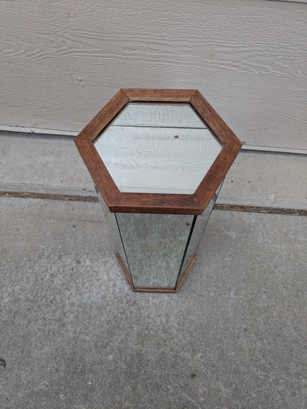 Vintage 25" Mid Century Modern Mirrored Hexagon Pedestal Plant Stand Table Wood gallery