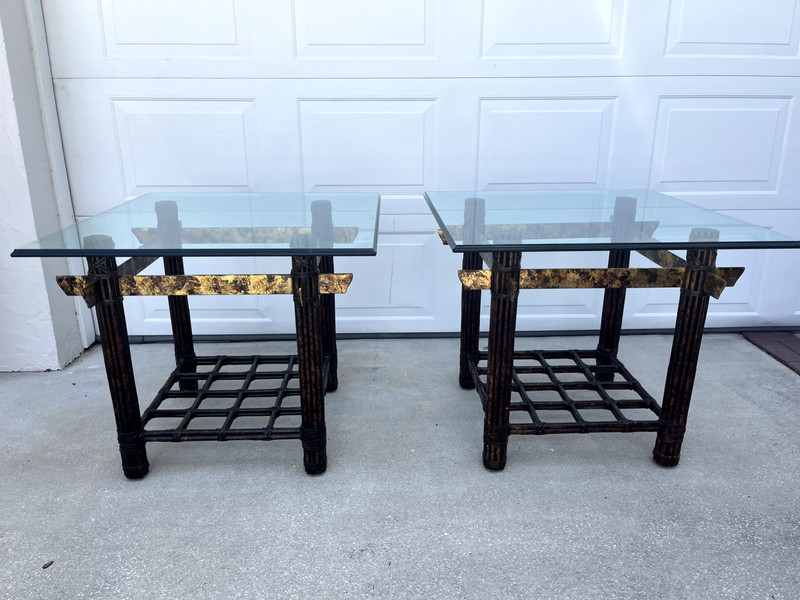 McGuire Style End Tables with Bamboo Legs and Beveled Glass Top